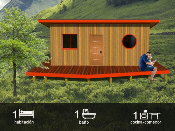 Módulo prefabricado sustentable con 1 habitación, baño y cocina-comedor